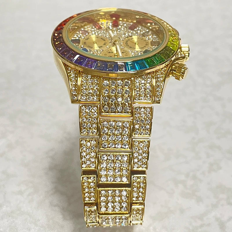 2022 Luxury Brand MISSFOX Gold Hip Hop Watches Men Fashion Rainbow Diamond Waterproof