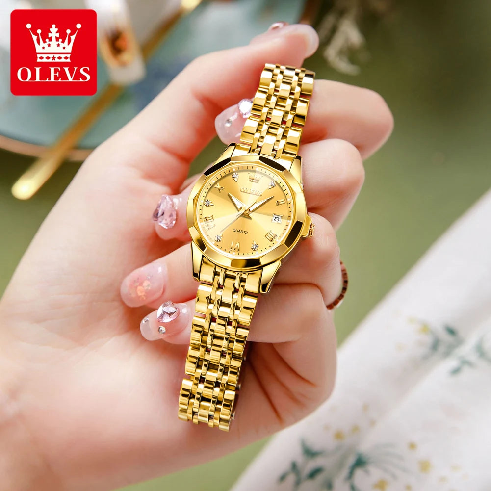 OLEVS Fashion Golden Watch For Women Stainless Steel Elegant Rhombus Original Quartz Waterproof