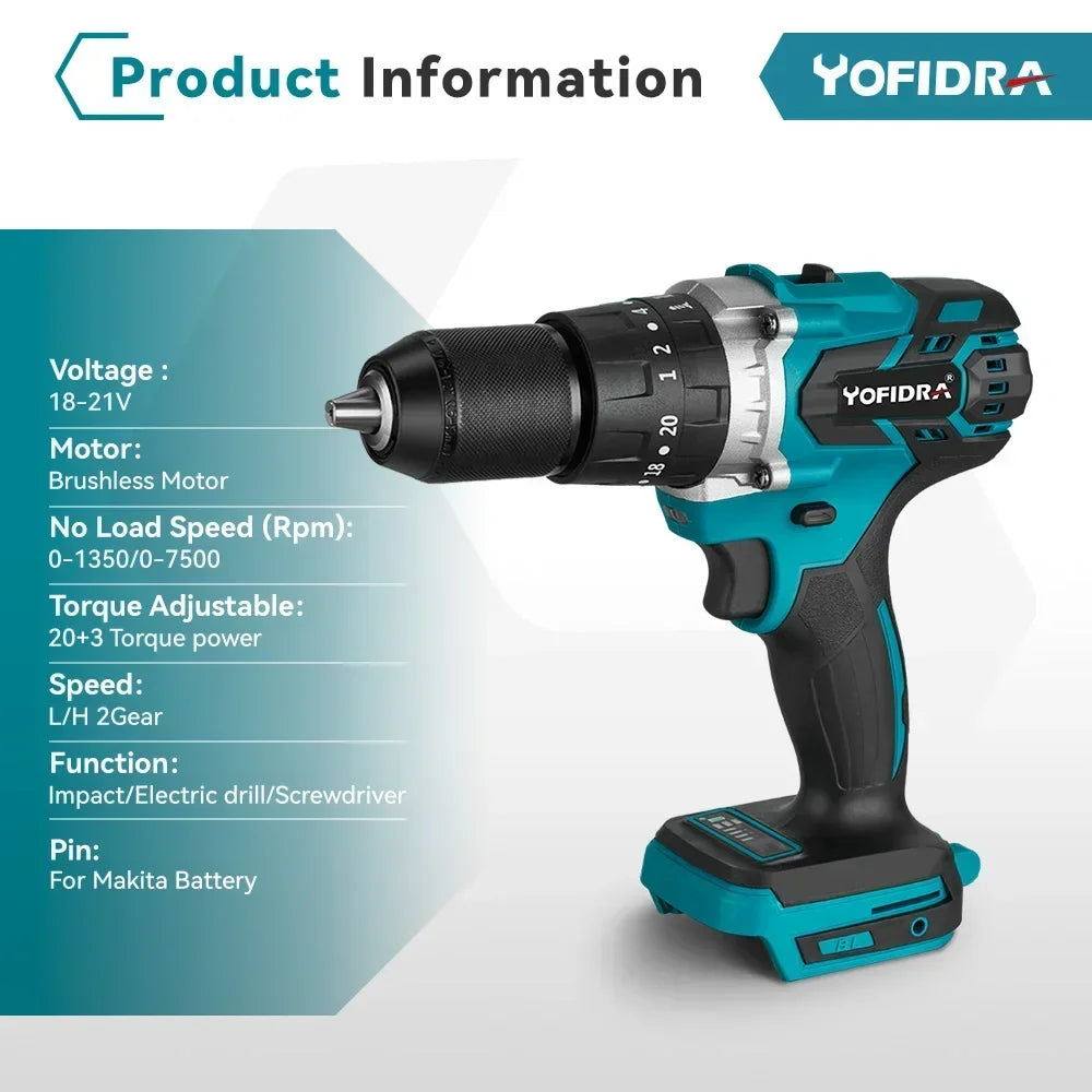 Yofidra 13mm 20+3 480N.M Torque Brushless Hammer Drill Cordless Electric Impact Drill Screwdriver for makita 18V Battery Tool