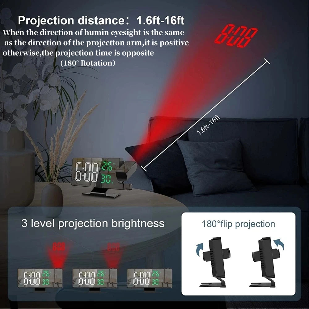 180° Arm Projection Digital Alarm Clock Temperature Humidity Night Mode Snooze 12/24H USB