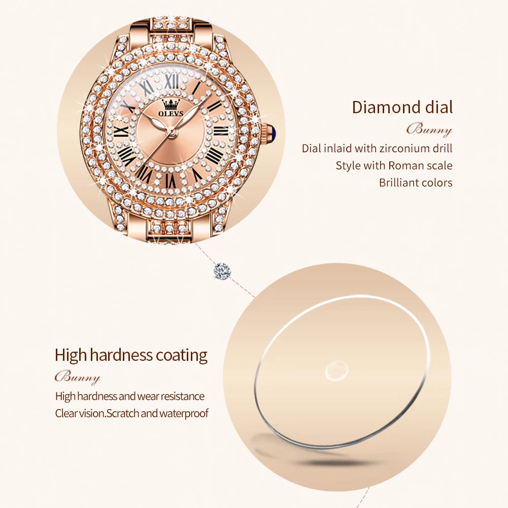 OLEVS Original Diamond Watch for Women Fashion Elegant Stainless Steel Waterproof