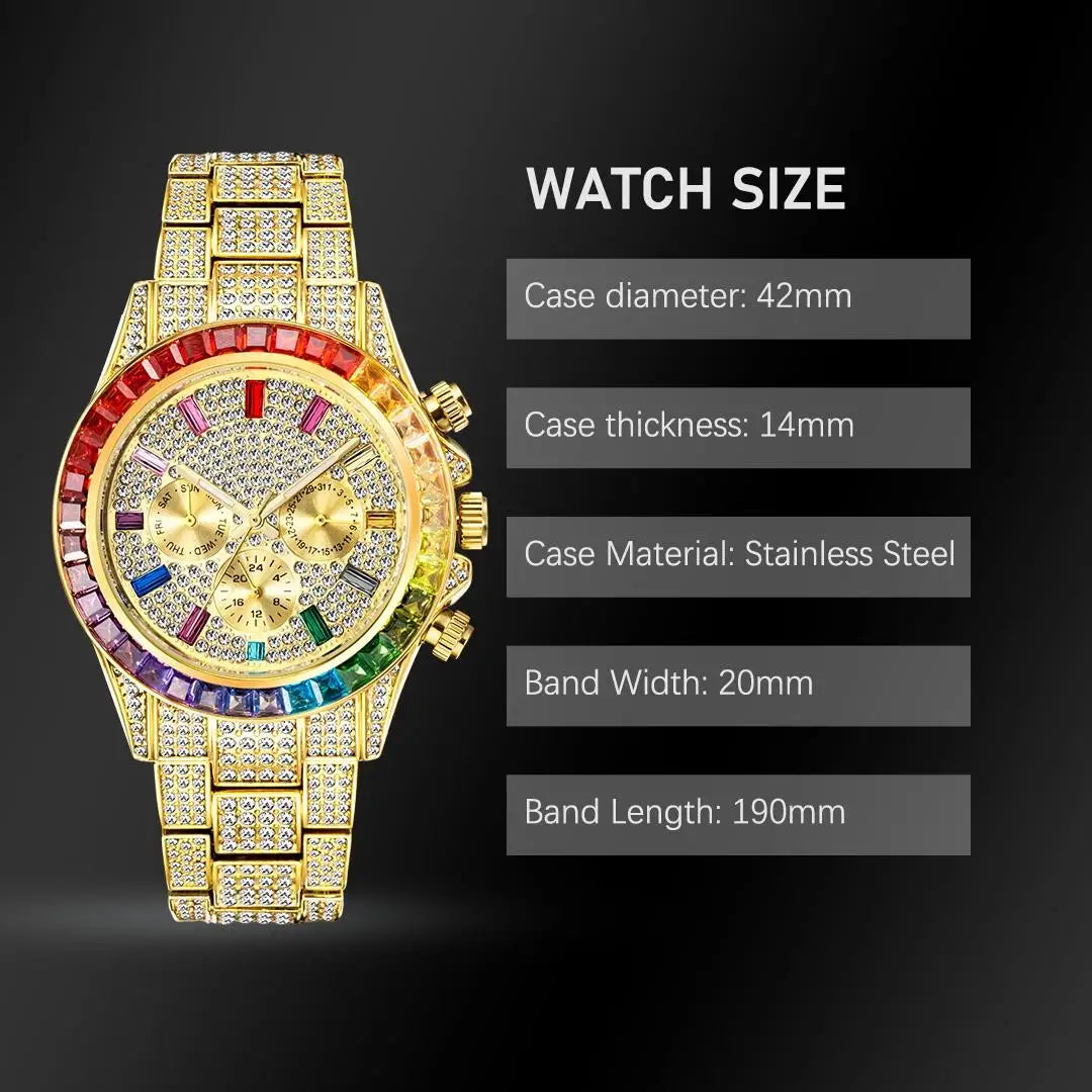 2022 Luxury Brand MISSFOX Gold Hip Hop Watches Men Fashion Rainbow Diamond Waterproof