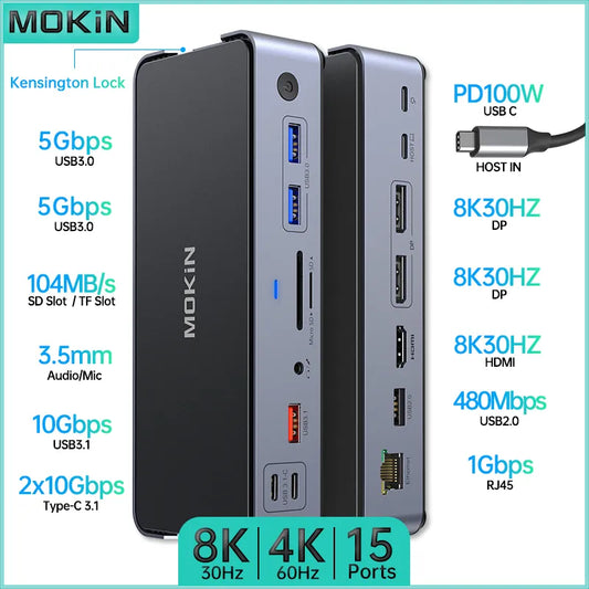 MOKiN 15-in-1 USB C Docking Station HDMI DP USB 3.0 3.1 SD/TF RJ45 Audio PD for Mac iPad Laptop 8K 30HZ, Three Channels 4K 60HZ