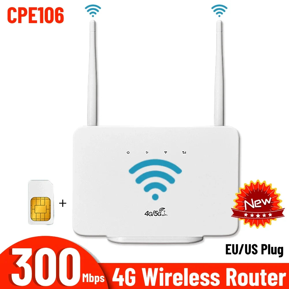 4G Wireless Router 300Mbps 4G LTE CPE Router Modem RJ45 LAN WAN External Antenna Wireless Hotspot with Sim Card Slot EU/US Plug