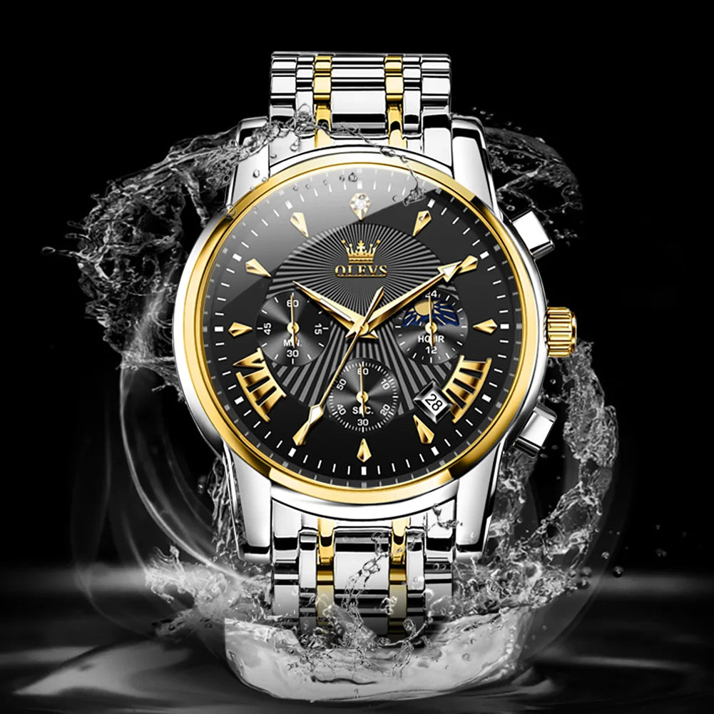 OLEVS New Men's Luxury Brand Quartz Watch Stainless Steel Waterproof Dual Calendar Chronograph