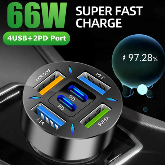 66W USB Car Charger Quick Charge PD QC3.0 With Voltmeter Cigarette Lighter Socket Power Adapter