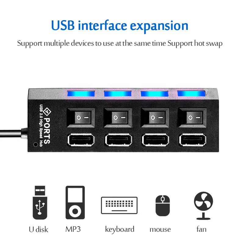 4/7 in 1 Multi USB Splitter Hub USB Hub 2.0 Use Power Adapter USB 2.0 Multiple Expander Switch Hub Docking Stations 30CM Cable