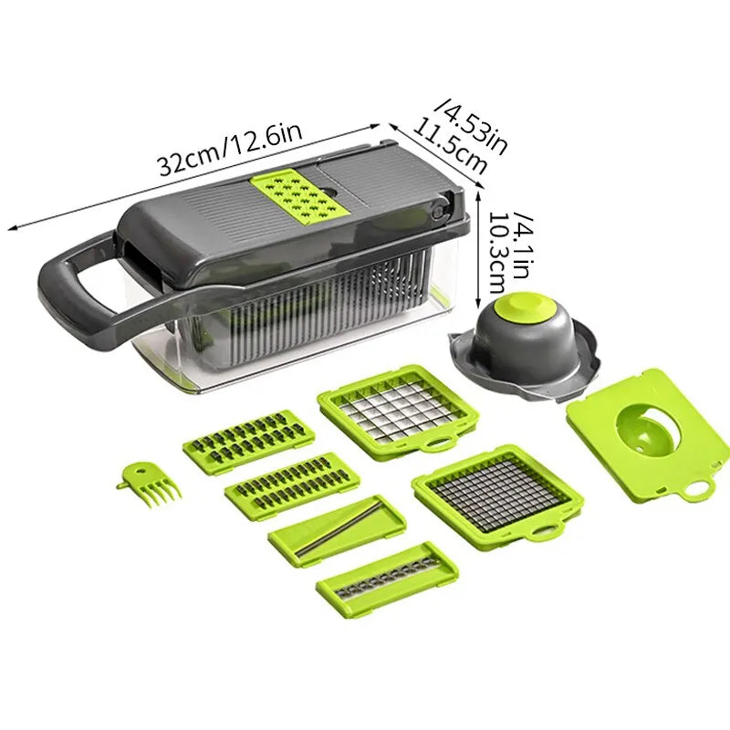 1Pc Green Black 12 in 1 Multifunctional Vegetable Slicer Cutter Shredders Slicer With Basket