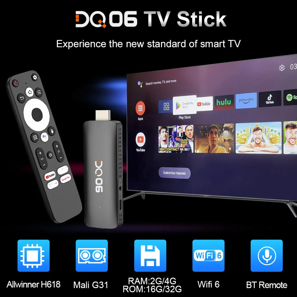 DQ06 ATV Mini TV Stick Android12 Allwinner H618 Quad Core Cortex A53 Support 8K Video 4K Wifi6 BT Voice Remote Smart TV Box