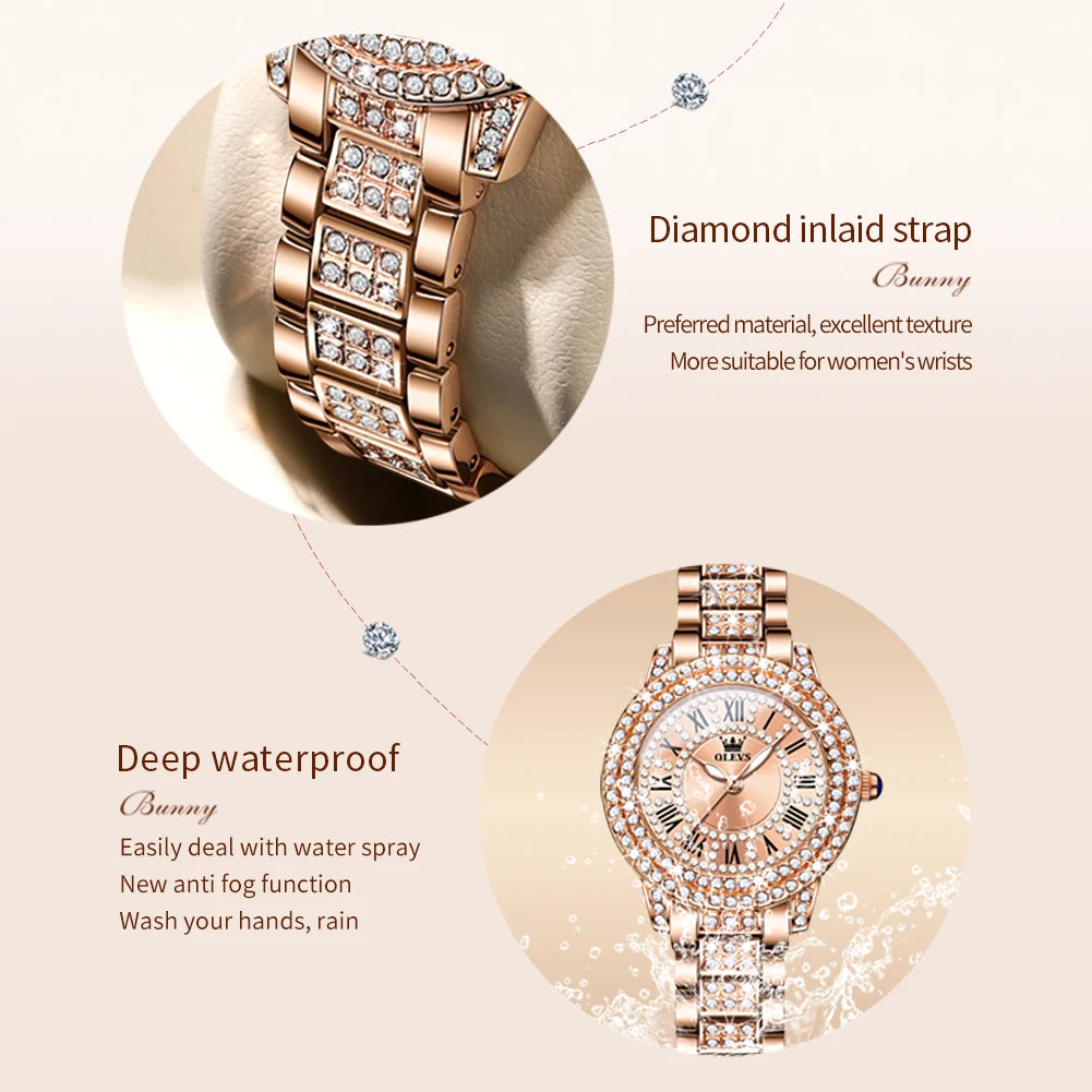 OLEVS Original Diamond Watch for Women Fashion Elegant Stainless Steel Waterproof