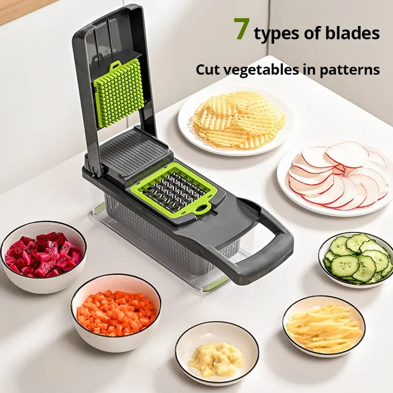 1Pc Green Black 12 in 1 Multifunctional Vegetable Slicer Cutter Shredders Slicer With Basket