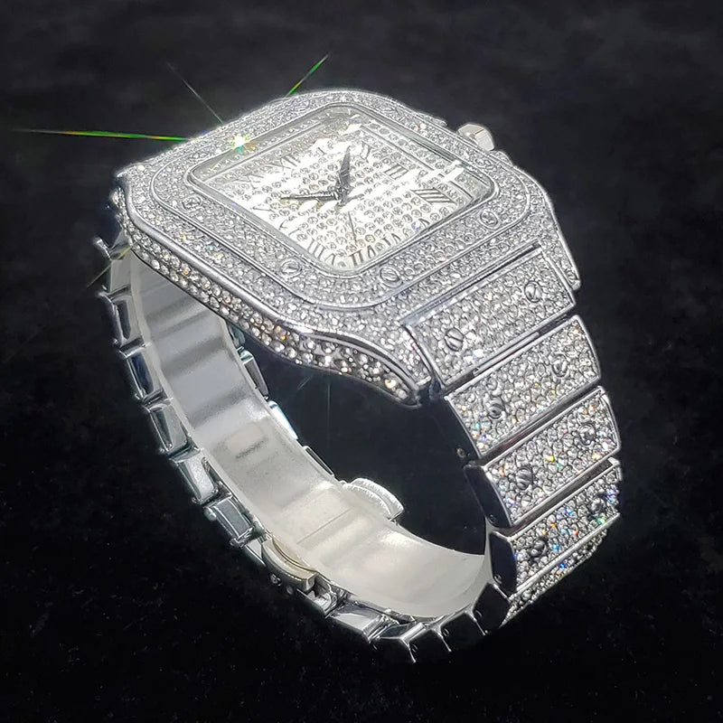 Classic Square Watch Luxury Full Diamond High Quality Quartz Watches Men