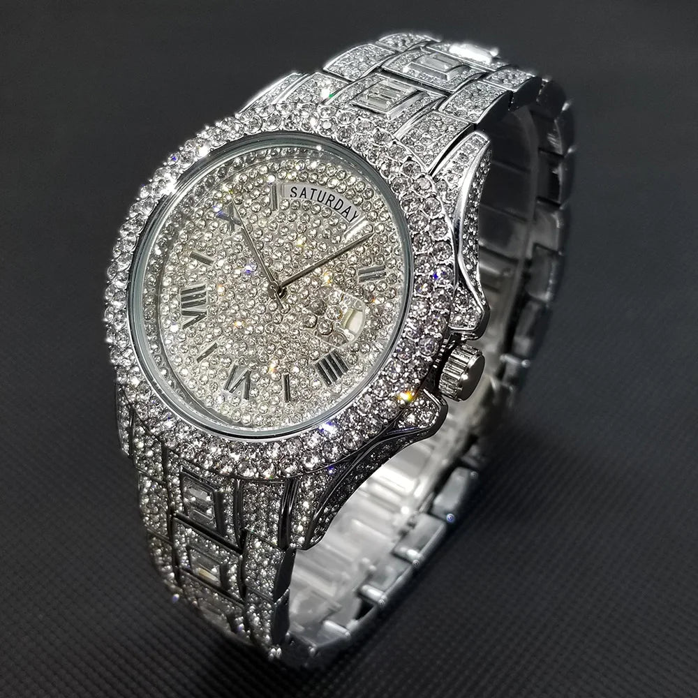 Luxury Shiny Diamond Watch For Men Hip Hop Trendy Iced Out Quartz Watches