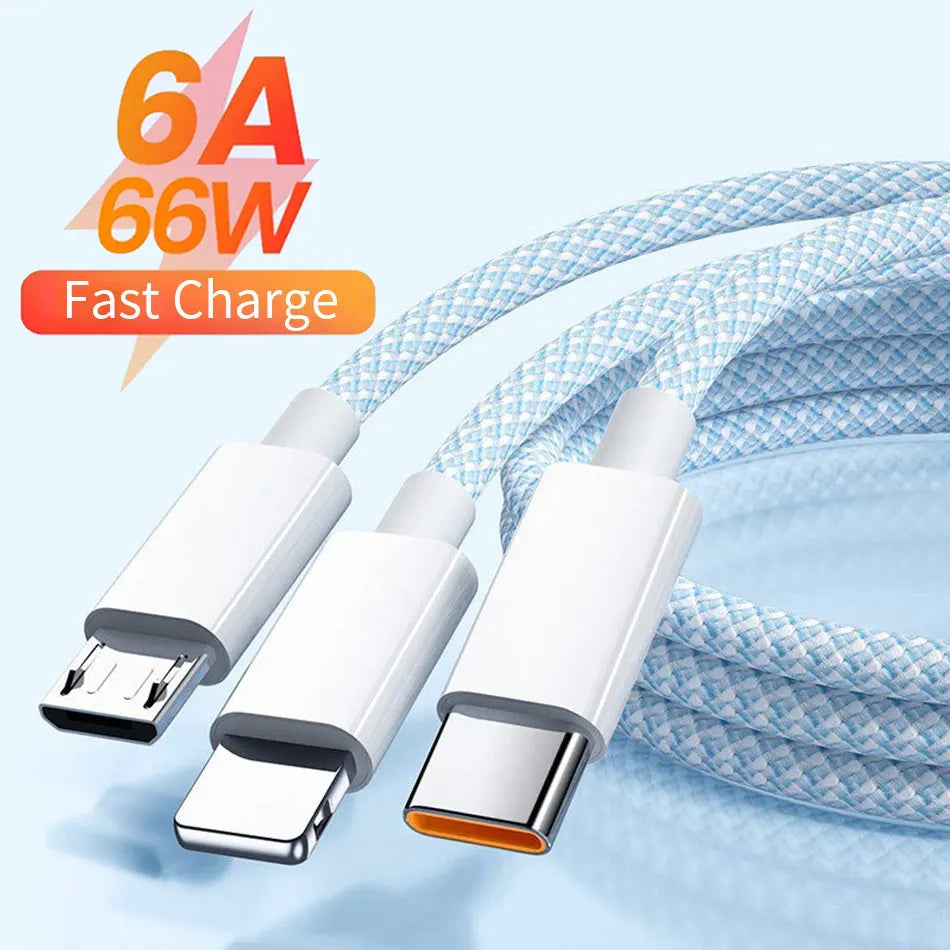 1.2M/2M/3M 6A 66W 3 in 1 Fast Charging Cable USB Type C Cable Multi Mobile Phone Charger USB C Data Cable for iPhone Xiaomi POCO