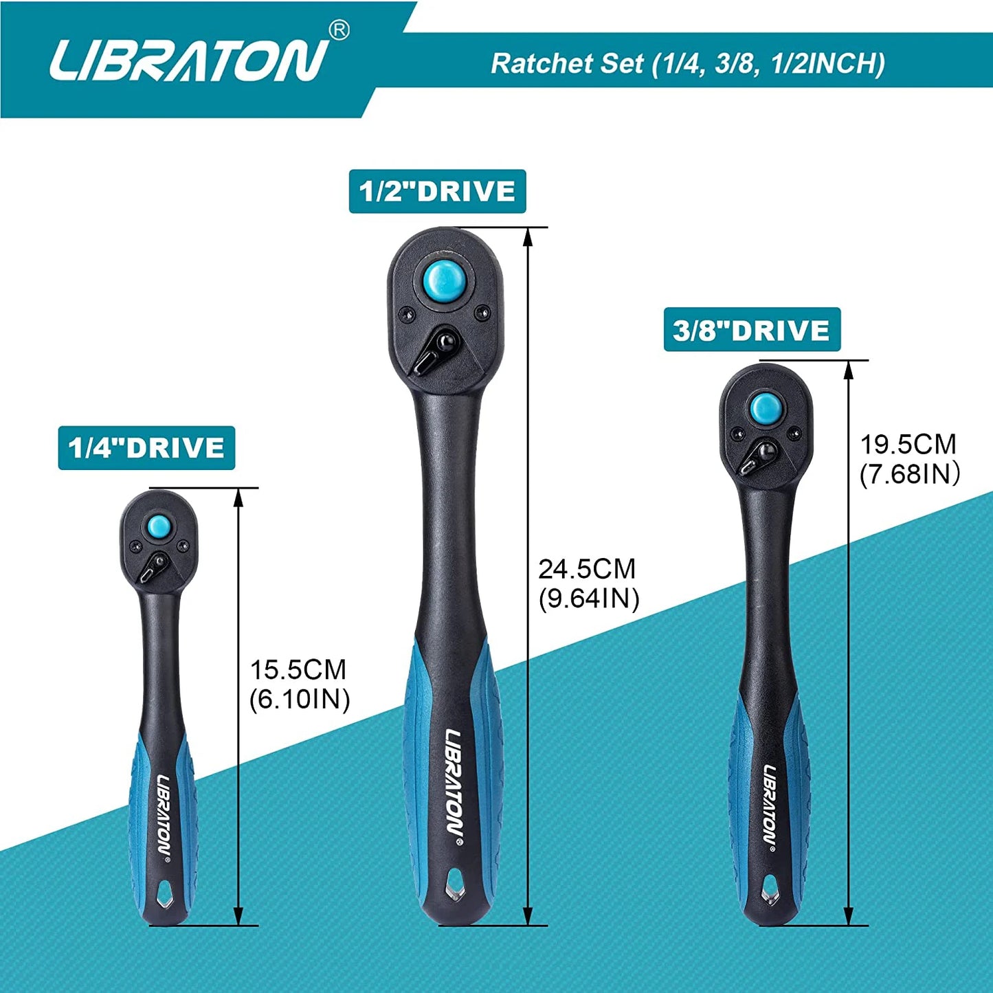 Libraton Ratchet Set, 3Pcs 1/4", 3/8", 1/2" Ratchet Handle with Teardrop Head, Quick-Release Ratchet Set with Comfort Grip