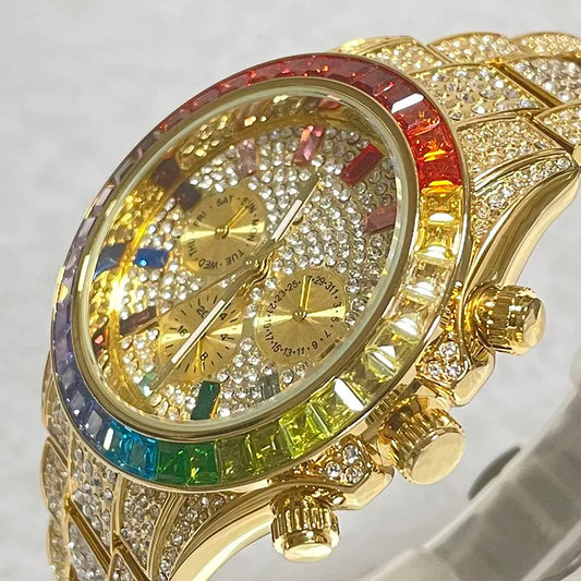 2022 Luxury Brand MISSFOX Gold Hip Hop Watches Men Fashion Rainbow Diamond Waterproof