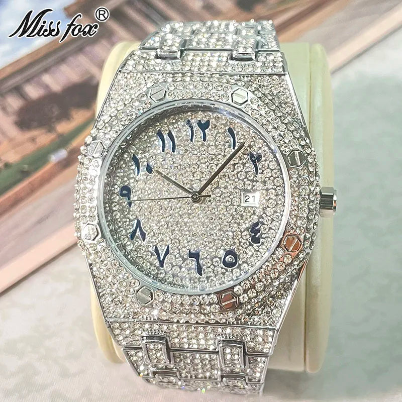 Luxury Fashion Watch For Men Hip Hop Brand MISSFOX Iced Diamond Waterproof Dress AAA Quartz Wristwatch