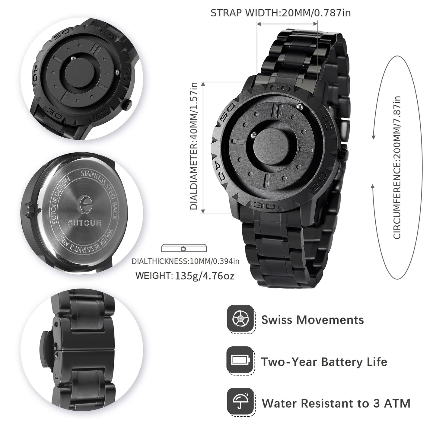 EUTOUR Watches Men Magnetic Watches 3D PVD One Piece Quartz Watch Waterproof