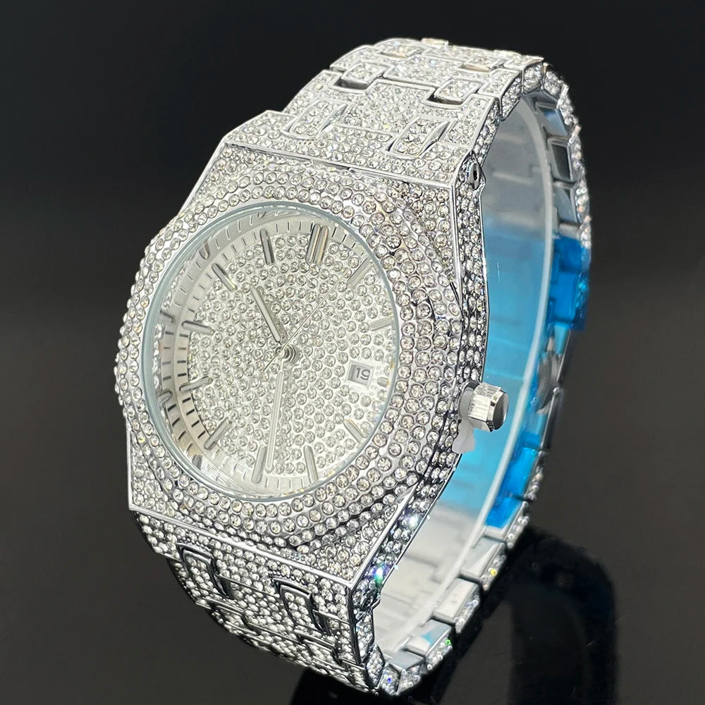 Luxury Iced Watches Mens Brand PLADEN Fashion Stainless Steel Quartz WristWatch Hip Hop Diamond