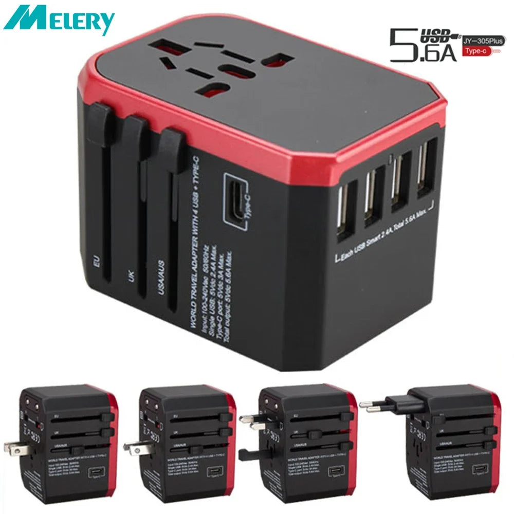 Melery Travel Smart Adapter International Plug Adaptor Wall USB Type C Charger AC Power US EU UK AU for iPhone iPad Android