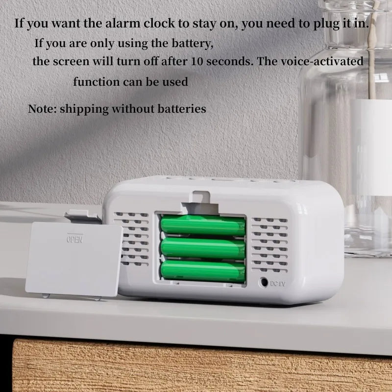 Voice Control LED Alarm Clock Plug In Electronic Digital Clock Dual Alarms Temperature Table Clock 12/24H Brightness Adjustment