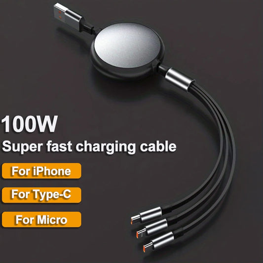 3in1 Retractable 100W Fast Charge Data Cable For iPhone 14 USB Type C/Micro For Sumsung Xiaomi 13 Huawei iPhone