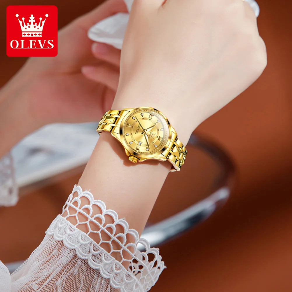OLEVS Original Luxury Brand Couple Watch Dual Calendar Gold Stainless Steel Quartz