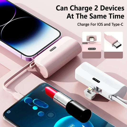 2 In1 Mini Power Bank Built in Cable 5000mAh PowerBank Plug Play External Battery Portable Charger For IPhone Samsung Xiaomi