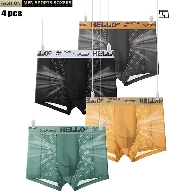 4Pcs Men's Underwear Ice Mesh Bacteriostatic Crotch Men Boxer Shorts Thin Breathable Men Underpanties Summer Ventilate Panties