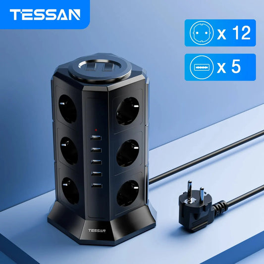 TESSAN Tower Power Strip with 12 Outlets +5 USB Ports +2 Switches, 2M Extension Cable, EU Plug Vertical Electric Socket for Home
