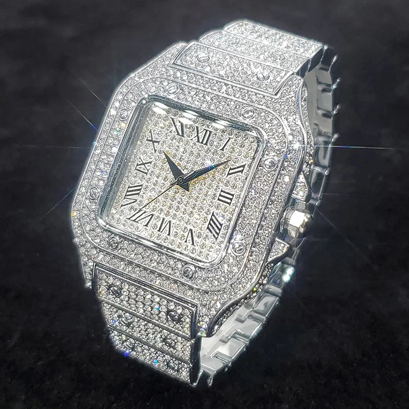 Classic Square Watch Luxury Full Diamond High Quality Quartz Watches Men