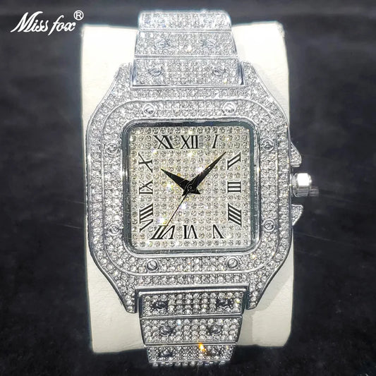Classic Square Watch Luxury Full Diamond High Quality Quartz Watches Men