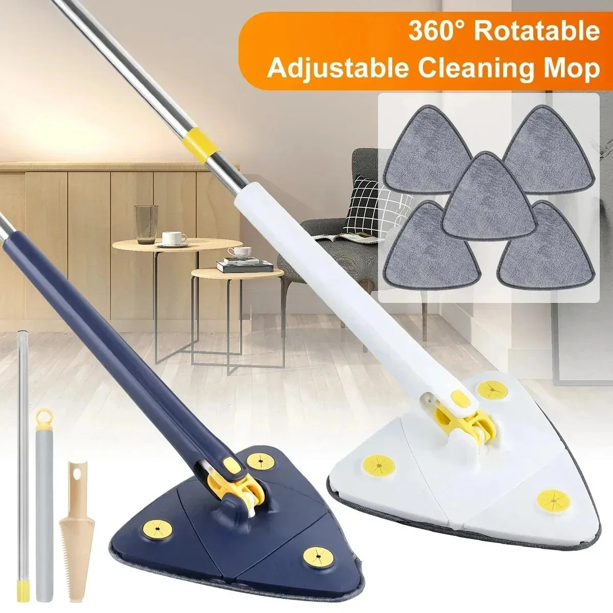 Cleaning Mop 360° Rotatable Water Absorption Triangular Mop Foldable Automatic Water Squeezing OR 3 Mop Cloth