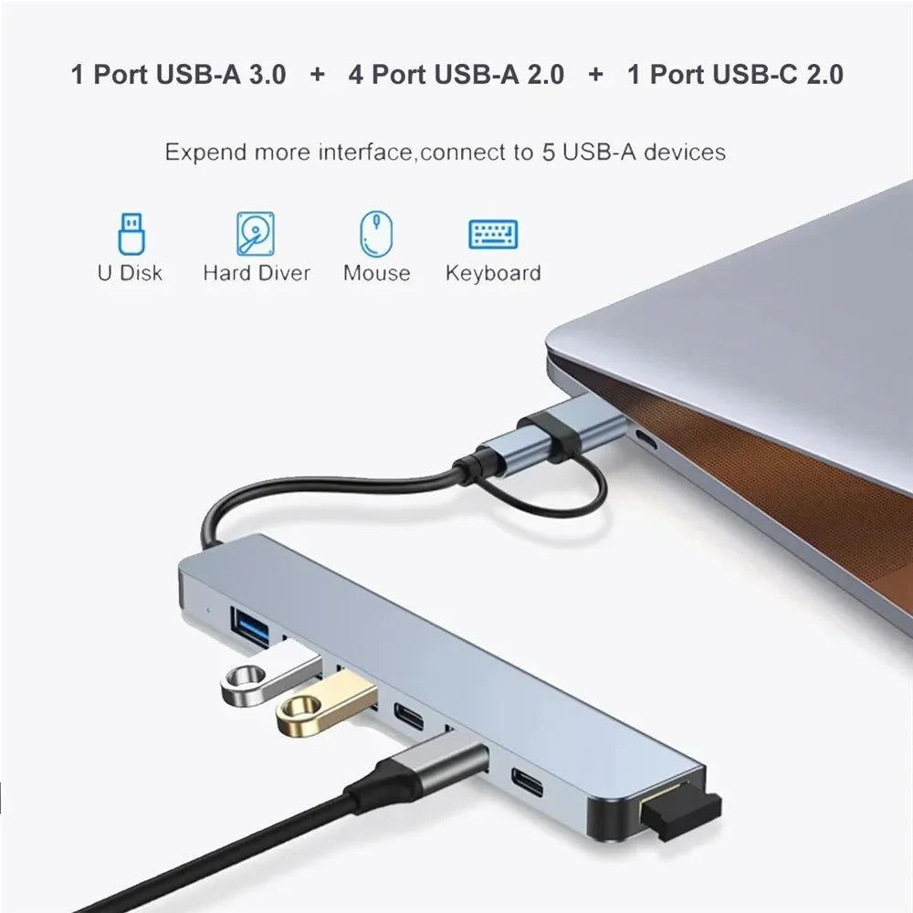 7 Ports USB A C Hub Concentrator 3.0 2.0 Type Multi Adapter Multi-hub Dock Splitter Laptop PC Computer Extension Accessories