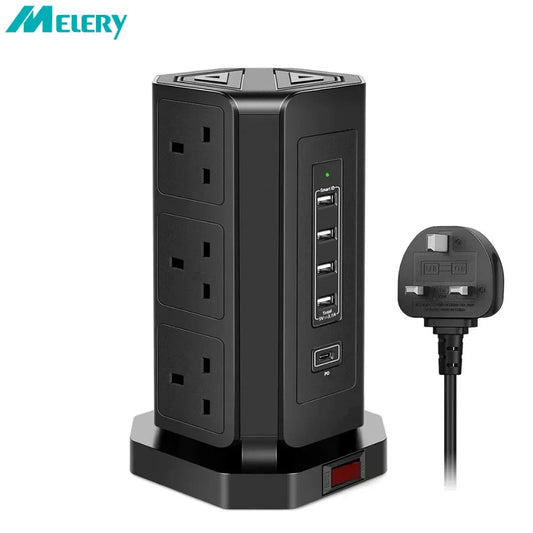 Melery UK Tower Power Strip Surge Protector Plug Outlets Vertical Socket USB Charge Port Type C 1.8m Extenstion Cord Home Office