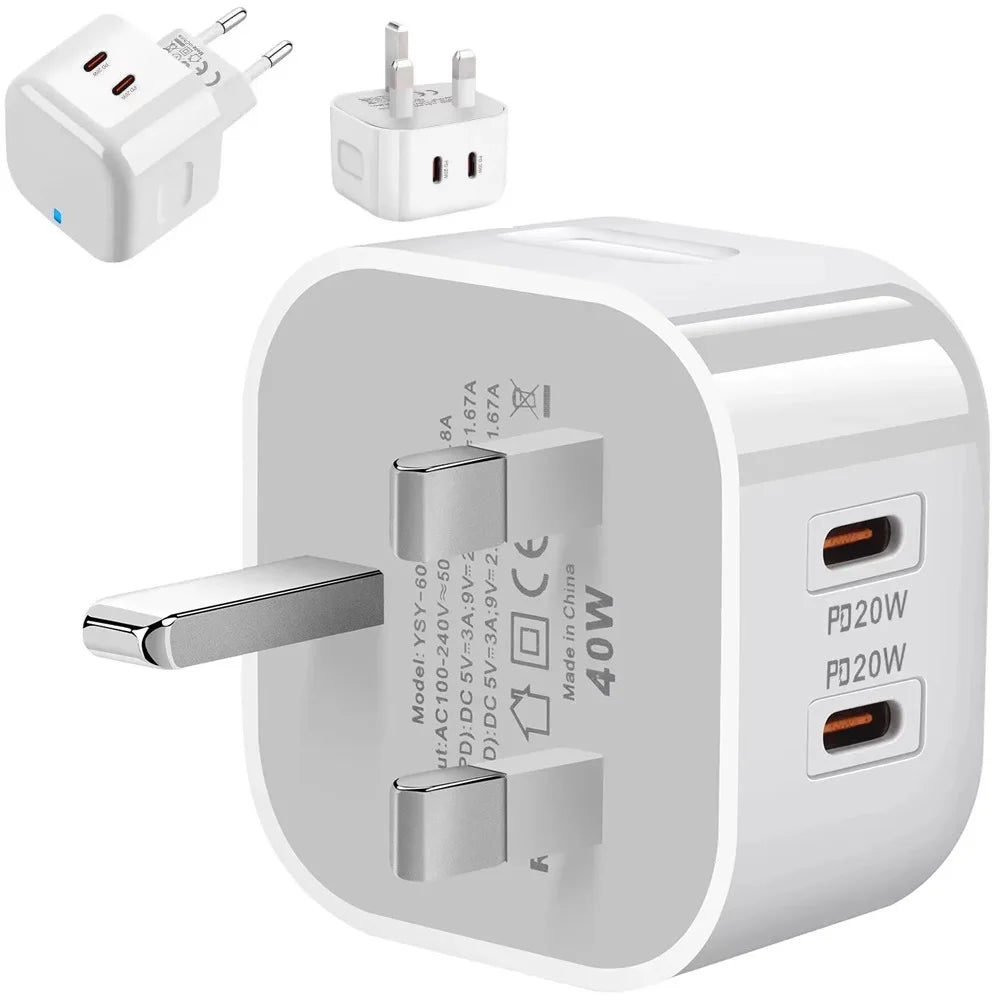 40W Dual USB C  Type c PD Wall Charger Fast Quick Charging Power Adapters For Ipad 2 3 4 IPhone 11 12 13 14 15 Xiaomi Huawei