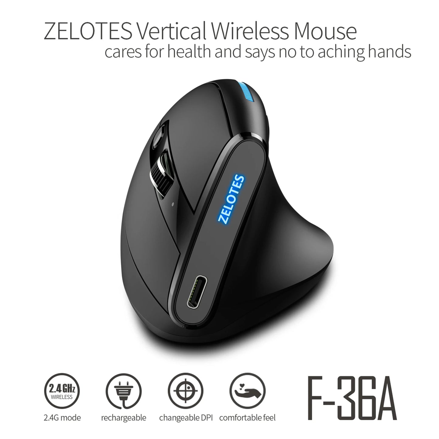 ZELOTES F-36A 2.4G Wireless Mouse Charging Blu-ray 6-button Optical mouse 3 level DPI black mouse