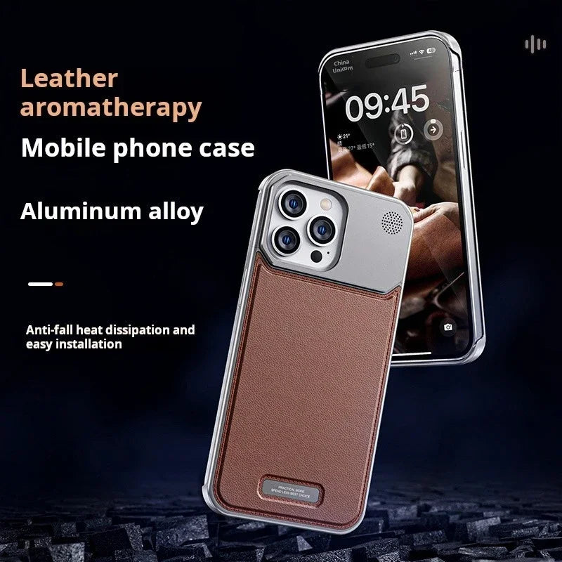 Luxury Leather Metal Phone Case For Iphone 13 14 15 Pro Max Magnetic Aluminum Fragrance Phone Cover