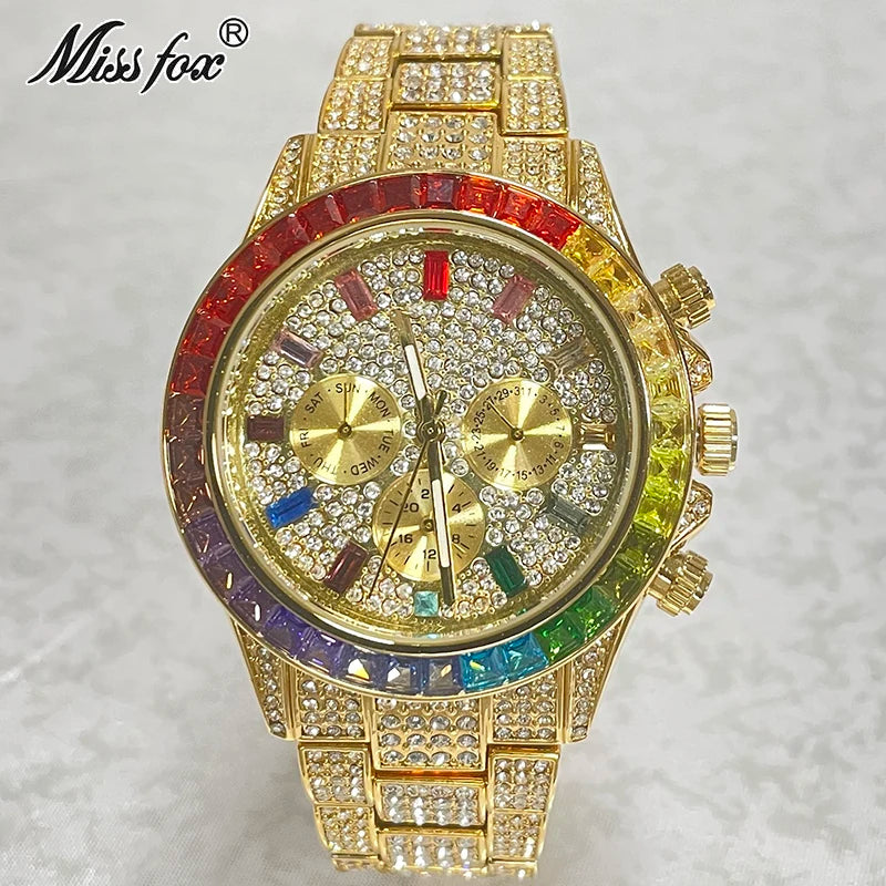 2022 Luxury Brand MISSFOX Gold Hip Hop Watches Men Fashion Rainbow Diamond Waterproof