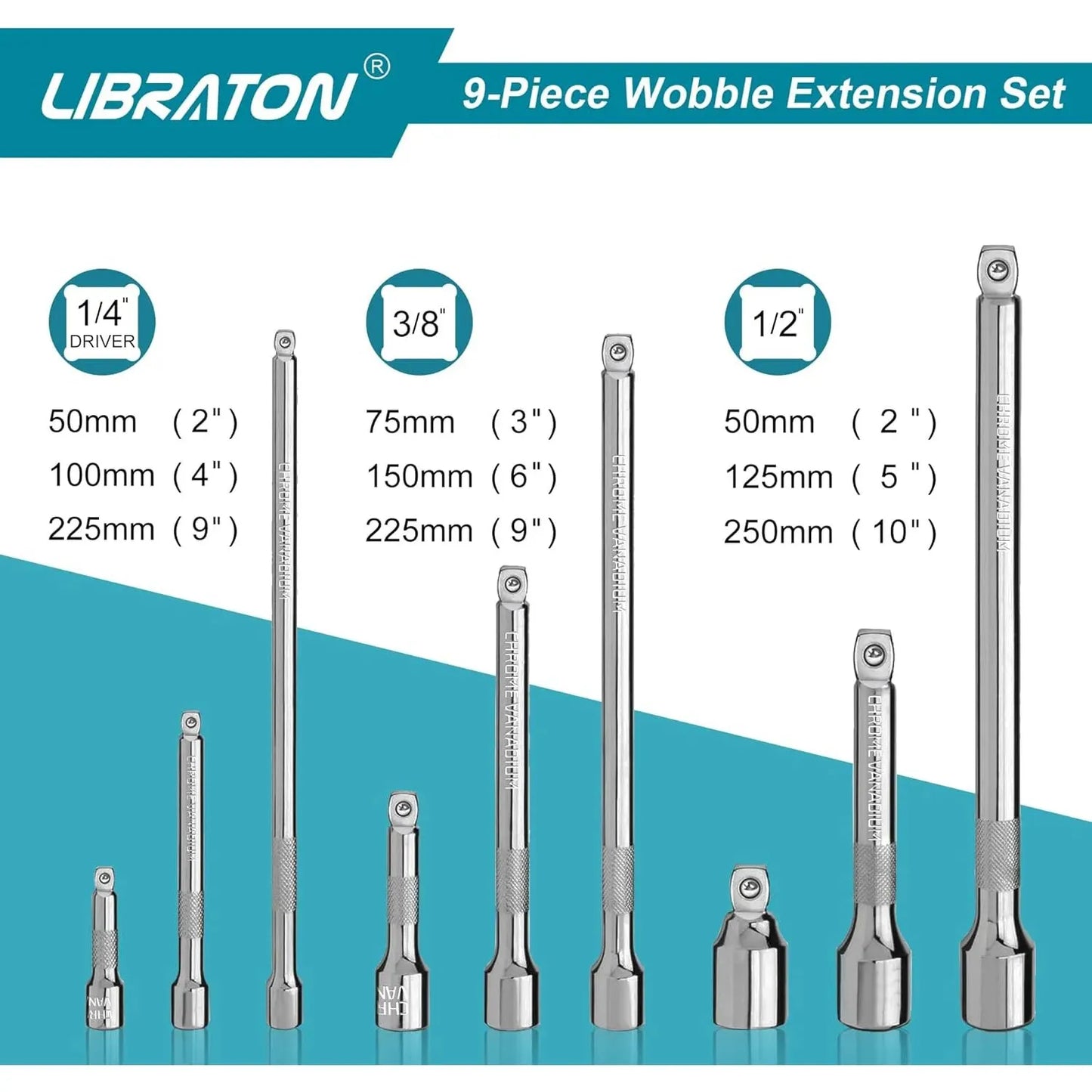 Libraton Wobble Extension Set Socket Extensions Set Ratchet Extensions 1/4" 3/8" 1/2" Wobble