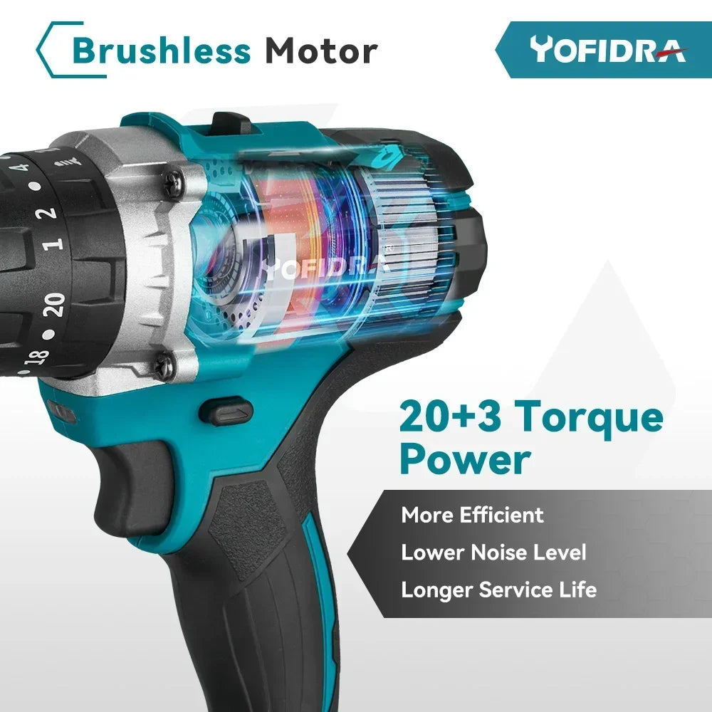 Yofidra 13mm 20+3 480N.M Torque Brushless Hammer Drill Cordless Electric Impact Drill Screwdriver for makita 18V Battery Tool