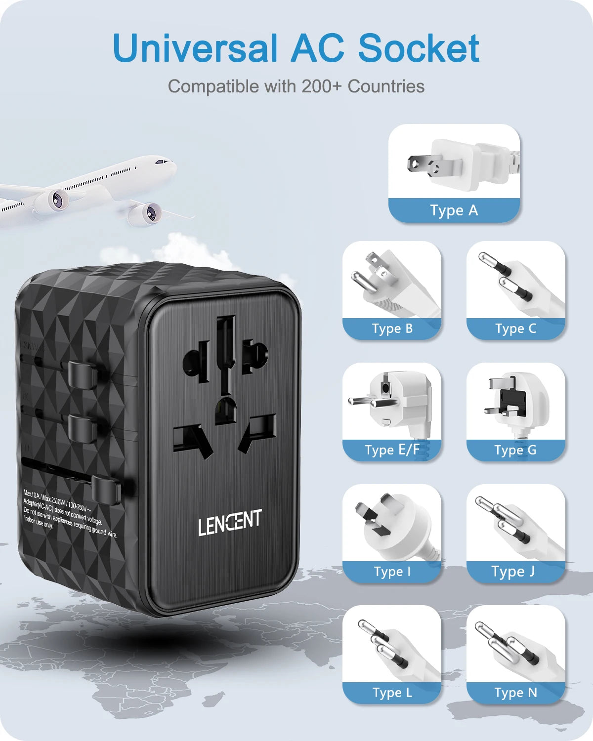 LENCENT 65W GaN Universal Travel Adapter with 2 USB  3 Type C Fast Charging All-in-one Travel Charger EU/UK/USA/AUS for Travel