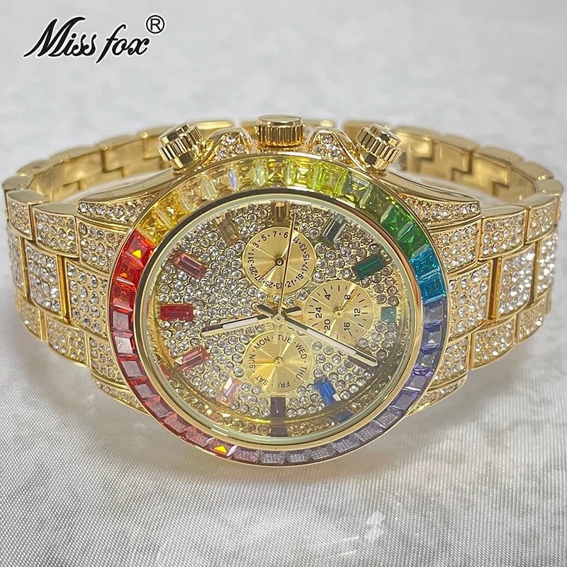 2022 Luxury Brand MISSFOX Gold Hip Hop Watches Men Fashion Rainbow Diamond Waterproof