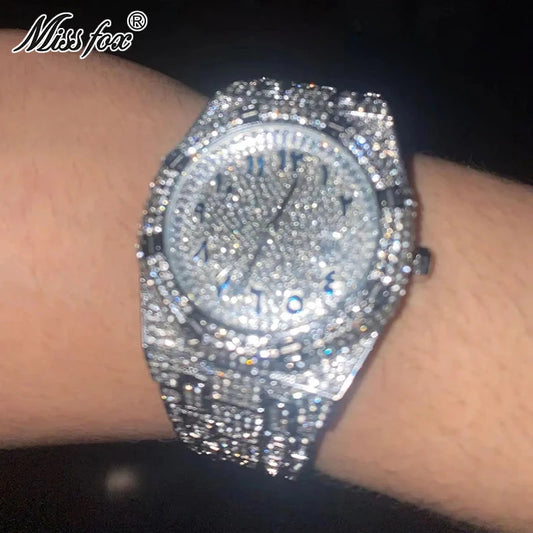 Luxury Fashion Watch For Men Hip Hop Brand MISSFOX Iced Diamond Waterproof Dress AAA Quartz Wristwatch