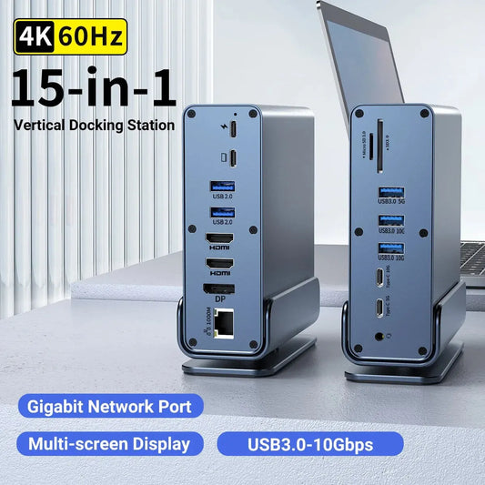 15 in 1 USB-C Docking Station 4K HD Vertical Hub with Triple Monitor ,RJ45 1000M,USB 3.0/2.0,PD 3.0,SD/TF,Audio 3.5 for Mac Pro