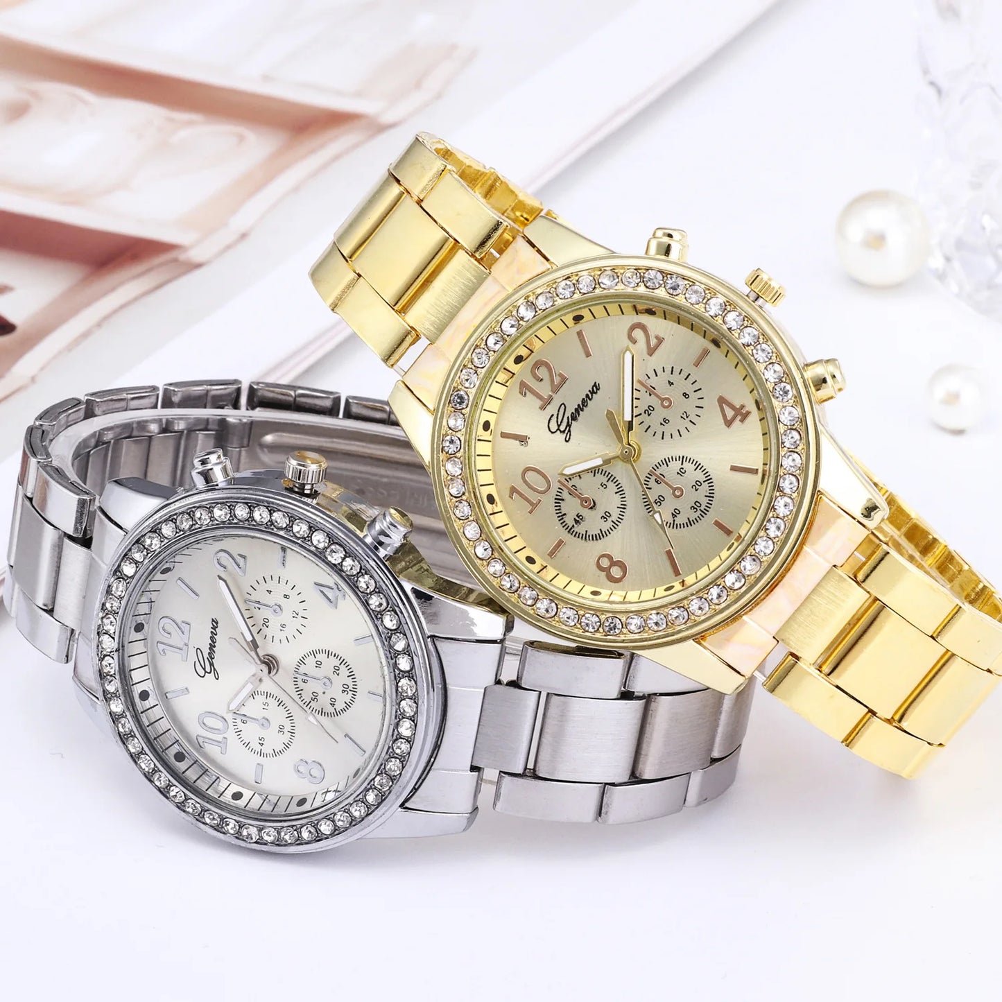 Luxury Quartz Watch Women Business Fashion Casual Round Rhinestone Silver Stainless