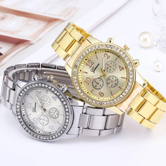 Luxury Quartz Watch Women Business Fashion Casual Round Rhinestone Silver Stainless