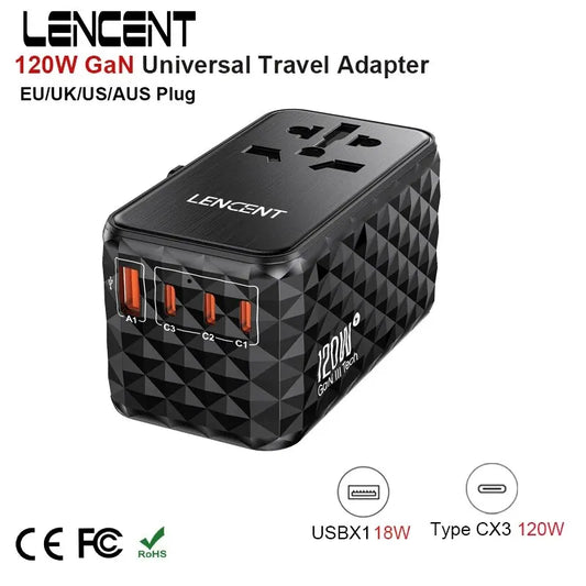 LENCENT 120W GaN Universal Travel Adapter With1 USB-A+3 Type-C All-in-one Adapter Fast Charger EU/UK/USA/AUS Plug for Travel